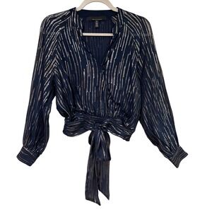 White House Black Market Navy Sequin Stripe Tie Waist Blouse Party Occasion